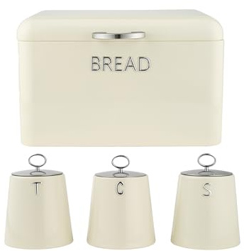 Salter Retro Cream Bread Bin & Canisters – 4-Piece Countertop Set, Dried Goods, Tea, Coffee & Sugar Canisters, Dry Food Storage Containers, Pastries, Rolls, Bagels, Durable Steel, Embossed Lettering