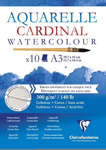 Clairefontaine 96184C Cardinal Aquarellblock (DIN A3, 29,7 x 42 cm, 300 g, kopseitig verleimt, 10 Blätter, 2 Körnungen, ideal für Anfänger) extraweiß