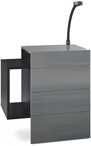 Vladon Nachttisch Queens, Made in Germany, Nachttischschrank mit 2 Schubladen und 1 seitlichem Fach zur Wandmontage, Schwarz matt/Grau Hochglanz, inkl. LED Flexi Lampe schwarz (60 x 63 x 36 cm)