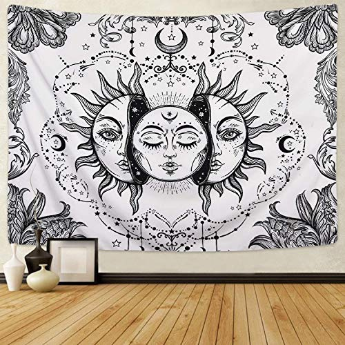 Sevenstars Wandteppich, Motiv Sonne und Mond, Schwarz / Weiß, Psychedelic Fractal Faces, Wandbehang, langlebig, leicht aufzuhängen, maschinenwaschbar, Polyester-Mischgewebe, White Faces, 51.2 x 59.1