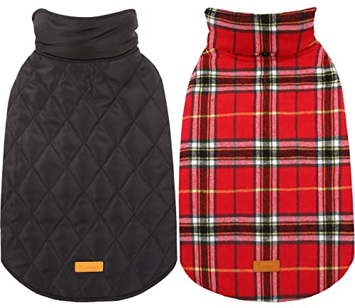 Kuoser Hundemantel Winter, Hundejacke für Kleine Hunde, Kleine Hundemantel Fleece Wasserdicht und Warm, Outdoor Hundemantel mit Geschirr Loch Karierte Wendejacke, S