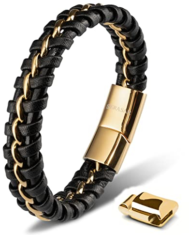 SERASAR Leather Wristbands for Mens 23cm Gold Bracelet GiftBox Genuine Cowhide Braided AdjustAble Magnetic Clasp MultiLayer Wrap Mens Bracelets Band Jewelry Magnet Accessories