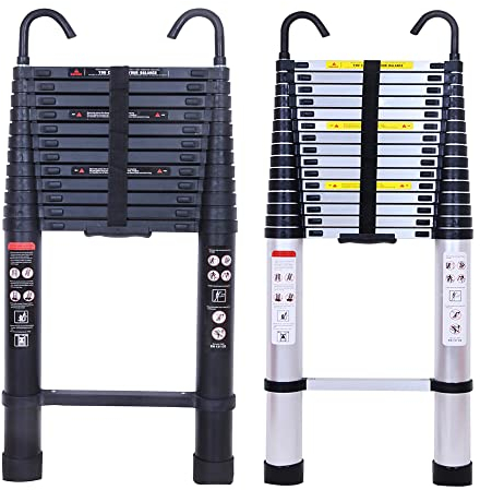 Teleskopleiter 3,8m mit Stabiler Haken, Rutschfester Klappleiter Aluminium Ausziehleiter Mehrzweckleiter, 150 kg Belastbarkeit, Norm EN131(Schwarz)