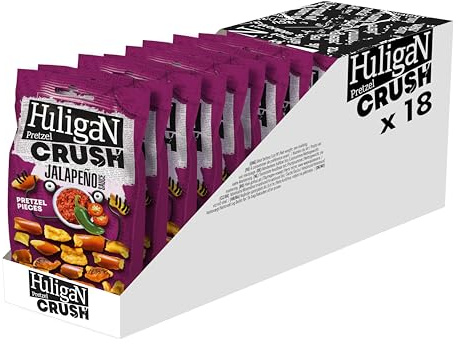 Huligan Jalapeno Pretzels Crush (Pack of 18 x 65G) - Baked Pretzel Thins Savoury Snacks Bulk Healthy Vegetarian Snack Box Jalepenos Crisps Multipack Pretzel Pieces