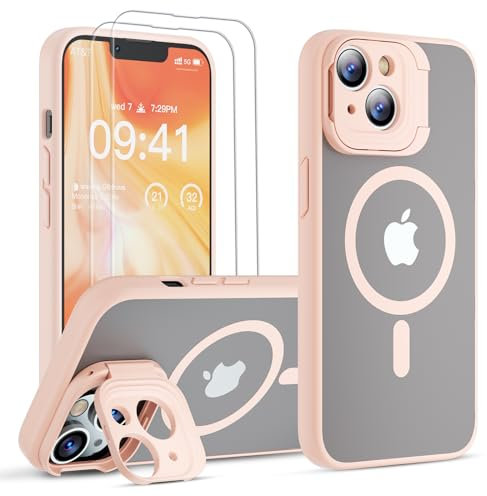 GOODVISH Magnetisch für iPhone 14 Hülle und iPhone 13 Hülle Kompatibel mit MagSafe [Kamera Ständer+2X Schutzfolie] All-in-1 Rundumschutz Handyhülle Stoßfeste Translucent Schutzhülle, Sand Rosa
