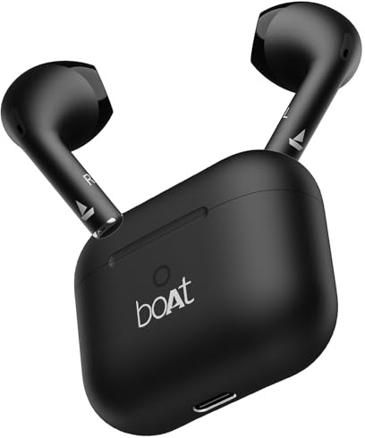 boAt Airdopes Joy, 35-Stunden-Akku, Schnellladung, IWP-Technologie, geringe Latenz, 2 Mikrofone ENx, Typ-C-Anschluss, Bluetooth-Ohrhörer v5.3, kabellose TWS-Ohrhörer mit Mikrofon (Tiefschwarz)