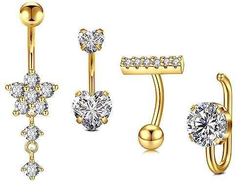 Crdifu 4stk Bauchnabelpiercing 10mm Gold Bauchpiercing Chirurgenstahl Herz Piercing Bauchnabel Schmuck Damen Blume