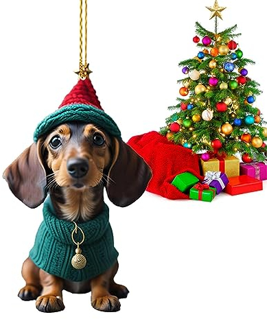 Genikeer Weihnachtsdeko Anhänger | Acryl Anhänger Wurst Hund Hängende Ornamente | Weihnachten Dackel Anhänger | Lustig Hunde Hängende Zubehör | 2D Dackel Weihnachten Deko Für Halloween
