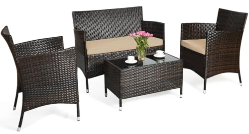 COSTWAY 4-teiliges Gartenmöbel Set, Polyrattan Balkonmöbel Set mit Sitzkissen, Rattan Sitzgarnitur für 4 Personen, Terrassenmöbel Sitzgruppe für Garten, Terrasse, Balkon (Braun)