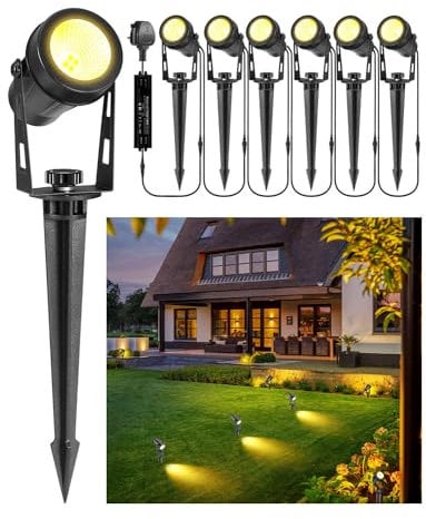 GreenClick Garden Spotlights Mains Powered,1600LM LED Garden Spike Lights with 21M Cable,IP65 Waterproof Extendable Outdoor Spotlights for Pathway Lighting Lawn Path Yard Driveway (6Pack Warm White)