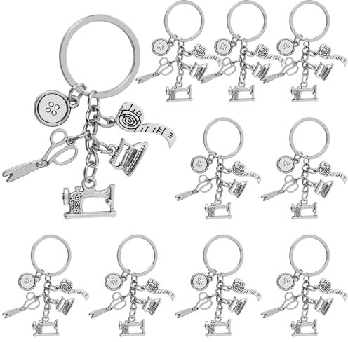 SIQYUWM 10 Stück Näh-Schlüsselanhänger, Legierung, Quilten, Schlüsselanhänger, Nähmaschine, Schere, Schlüsselband, Eisen-Charm-Schlüsselanhänger für Damen und Herren, Geschenk, silber, 75mm/2.95inch