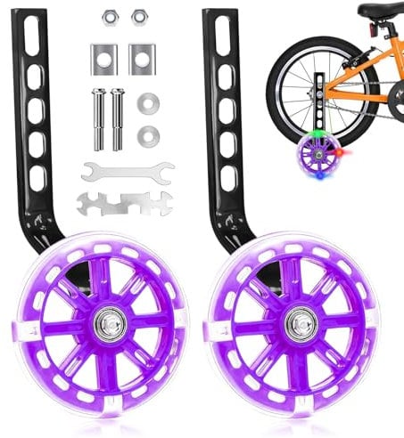 Idota Stützräder, Fahrrad Stützräder Kinderfahrrad Hilfsräder für Kinder mit Mute Flash Räder Einstellbare Sicherheitsstützräder Universal Hilfsräder für 12 14 16 18 20 Zoll Single Speed Bike - Lila