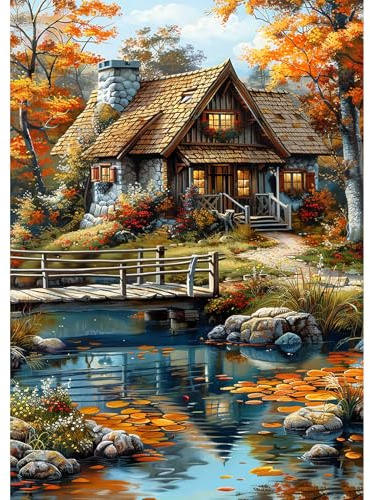 NEWENMO DIY Schönes Haus Diamond Painting Erwachsene,Herbstlandschaft Diamant Painting Bilder,Hübsche Bunte Blumen Diamant Malerei Kit Complete,5D Diamond-Painting Set,für Hause Dekoration 30x40cm
