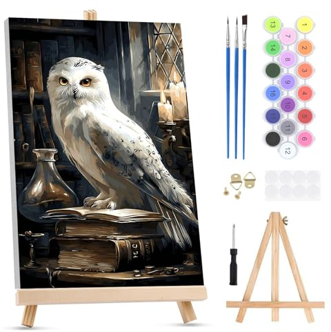 QENSPE Peinture par Numéros pour Adultes sur Toile Encadrée - avec Chevalet, Hibou Blanc Paint by Numbers Kit, Livre Magique Peinture à l'huile Acrylique pour Décoration Murale Maison (20x30 cm)