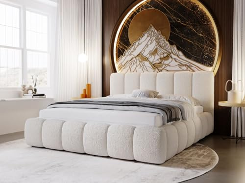 GRAINGOLD Cloud Bett, Polsterbett ohne Bettkasten, Modern Polsterbett, Bouclé-Stoff, mit Lattenrost, mit Kopfteil, ohne Matratze (Beige, 160x200)