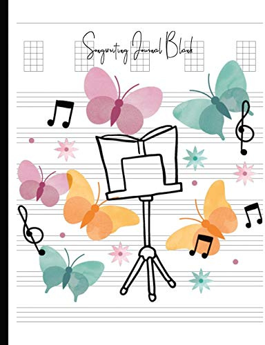 Songwriting Journal Blank: Composition and Songwriting Ukulele Music Song with Chord Boxes and Lyric Lines Tab Blank Notebook Manuscript Paper Journal ... Music Stand Butterflies and Music Notes Theme