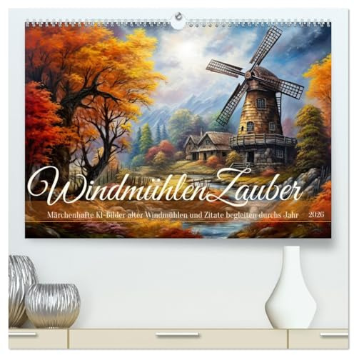 Windmühlenzauber (hochwertiger Premium Wandkalender 2026 DIN A2 quer), Kunstdruck in Hochglanz: Märchenhafte KI-Bilder alter Windmühlen und Zitate begleiten durchs Jahr (CALVENDO Natur)