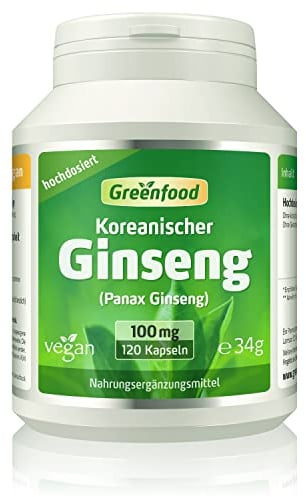 Ginseng Panax, hochdosiert, 100mg - 120 Kapseln, vegan. Korean. Ginseng – Wurzel-Extrakt mit 30% Saponinen. OHNE künstliche Zusätze - laborgeprüft. Von Greenfood.