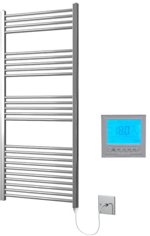 Greened House Chrome Electric Heated Towel Rail 600mm W x 1400mm H + Timer | Includes 7 Day Timer/Thermostat, Flat, Bathroom, Straight, Towel Warmer