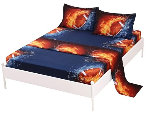 SDIII Football Kids Full Size Sheets, 4 Pieces Soft Sport Printed Microfiber Bed Sheets Set for Boy