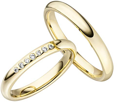 JC Trauringe Silber 925 Paarpreis Eheringe Gold Plattiert I Verlobungsringe 3,0 mm breit I Partnerringe mit Gravur in edler Schatulle I 2 Hochzeitsringe Herrenring & Damenring mit Steinen I LC126-P