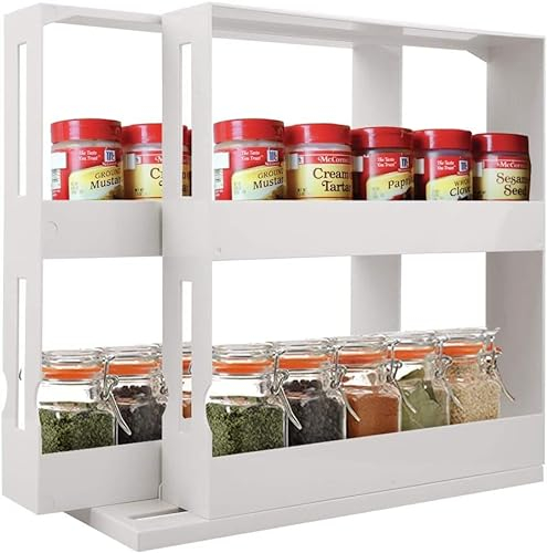 Voarge Estante de especias multifunción de Plástico, 2 niveles, apto para hasta 20 botes de especias, bandeja de cocina extraíble