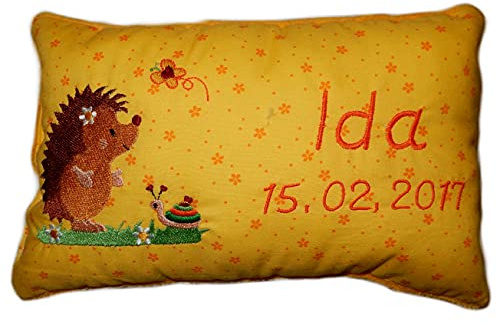 Momelie Gelbes Schmusekissen * Kuschelkissen * Igel * mit Namen Bestickt * 17 x 29 cm * SK-ge_0004