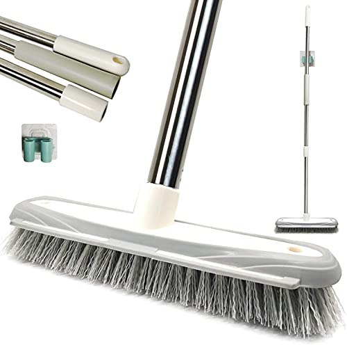 IZSOHOME Escoba de Empuje, Escoba de Limpieza de baño de cerdas rígidas, Cepillo de Limpieza para Interiores y Exteriores, Mango Largo de Acero Inoxidable, 46,5