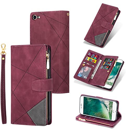 UEEBAI Wallet Case for iPhone 7/8/SE 2022 5G/SE 2020, Premium PU Leather Flip Case Card Magnetic Zipper Pocket Kickstand Handbag Hand Strap Cover for SE3/SE2 - Splice Wine Red
