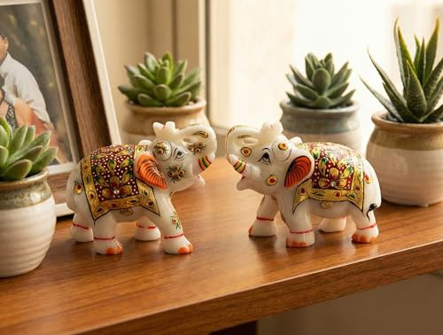 eSplanade Marmor-Elefantenfamilie mit Kalb, Skulptur oder Schaustück, Feng Shui Vastu bringt Glück, Heimdekoration, 3er-Set (10,8 cm Höhe) (weiß-bunt klein 2er-Set)