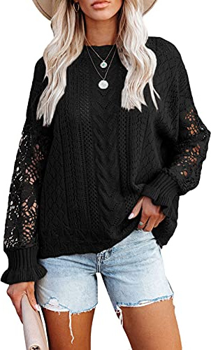 Jusfoouo Strickpullover Damen mit Fledermausärmel aus Spitze, Rundhals Einfarbig Häkelpullover