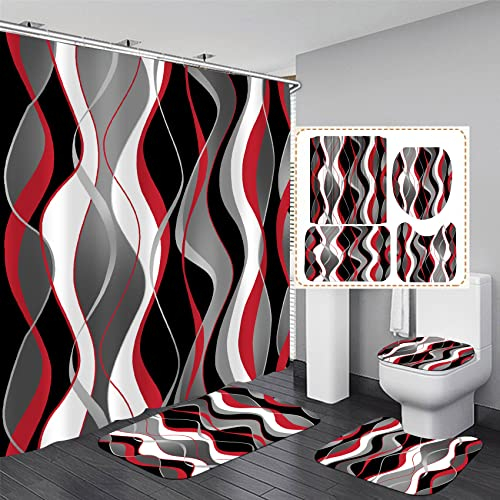 Nkzply Lot de 4 Rideaux de Douche à Rayures Rouges et Noires Gris et Blanc avec Rideau de Douche et Tapis Rouges Modernes pour décoration de Salle de Bain avec Tapis et Couvercle de Toilette