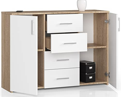 Kommode mit 4 Schubladen und Zwei Türen, Sideboard, Multifunktionsschrank, Wohnzimmer, Esszimmer 110x80x35cm VIELE Farbe! (Eiche Sonoma/Weiß), One size
