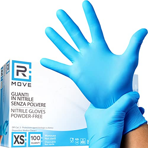 R MOVE Lot de 100 gants en nitrile XS Bleu sans poussière, sans latex, hypoallergéniques, gants pour esthéticiennes, tatoueurs, domaines médicaux, manipulation des aliments gants jetables (XS, Bleu)