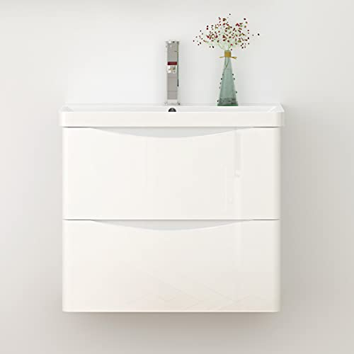 Biubiubath Badmöbel Set Waschtisch mit Unterschrank 60x34,5x50cm(BxTxH), Hängend Hochglänzend Weiß-Unterschrank mit Waschbecken 2xSorft-Close Schublade gefräste Griffe