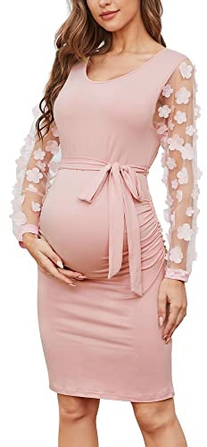 LAHILO Floral Mesh Bishop Long Sleeve Maternity Midi Dress, Fall Maternity Bodycon Dress for Baby Shower/Wedding Guest/Photoshoot, Pink, XL