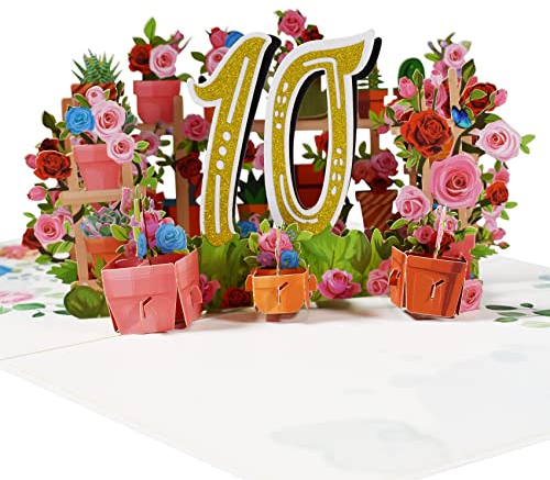Magic Ants Jubiläumskarte, Geburtstagskarte, Hochzeitstag, 3D Grußkarte, 10 Jahre alte Geburtstagskarte, Glückwunschkarte mit Rosenblumenstrauß (10)