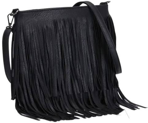kukubird Crossbody Bags Tassel Fringe Zipper Closure Faux Leather Medium Shoulder Bag,Multiple Compartments Messenger Bag-Black