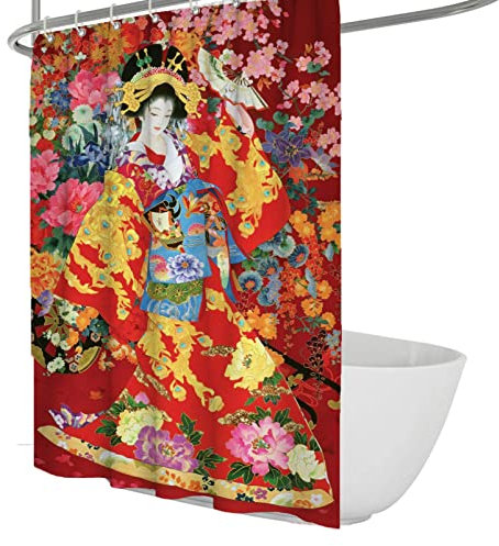 SAISEMIHOME Geisha Japonesa Cortina de Ducha ukiya peonía Flor Mujer Fan Dance Tradicional Vintage Pintura poliéster Tela Juego de Cortinas de Ducha W200xL220cm