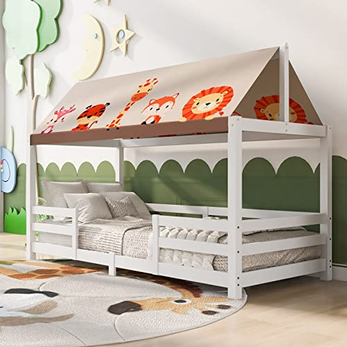 Bett 90X200, Kinderbett mit Rausfallschutz Bett Weiss Massivholz mit Rausfallschutz und Stoffzeltaufsatz Lattenrost und Dach