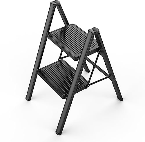 2 Step Ladder, Folding Step Stool for Kitchen, DIY and Gardening, Heavy Duty Steel Step Ladder, 330lbs Capacity with Large Platform Anti-Slip, Portable Slim Step Stepladder, Black