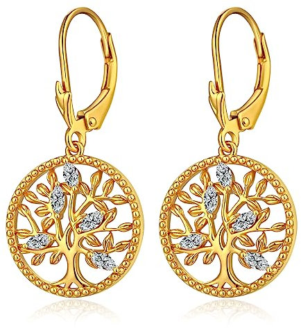 jiamiaoi Boucles d'oreilles pendantes arbre de vie plaqué or blanc 18 carats sans nickel avec arbre de vie bijoux pour femme, Zircone cubique