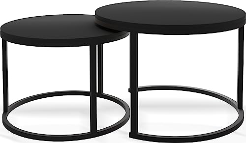 WFL GROUP Runde Satztische Couchtische - Loft Style Couchtische Metallbeine - 2 in 1 - Zwei Industrielle Getrennte Tische für Wohnzimmer - Schwarz