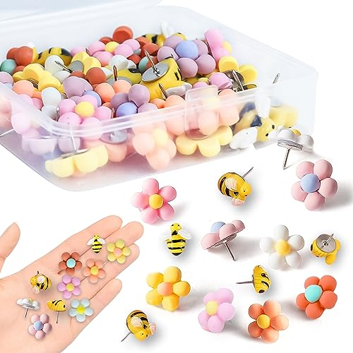 46 Stück Stecknadeln für Pinnwand, Blumen Stecknadeln Bee Pins Pinboard Pins mit Aufbewahrungsbox Dekorative Stecknadeln Pinnwand, Wiederverwendbare, für Kork Bord, Büro Karte, Foto Wand Verwenden
