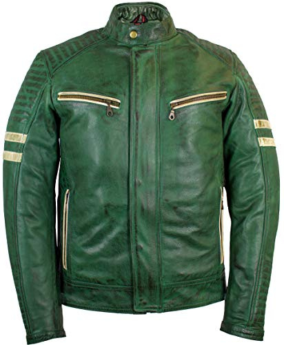 Herren Biker Motorrad Jacke Lederjacke mit Protektoren, Rindsleder (Grün, Gr. M)