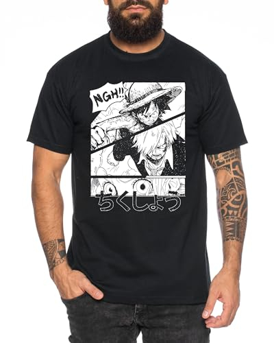 Ruffy NGH - Herren T-Shirt Straw Hat Luffy Zoro One Monkey D. Pirat Ace Piece Goku Anime Ruffy, Größe:L, Farbe:Schwarz
