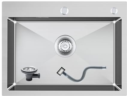 KEOKBON Spülbecken Edelstahl Eckig 60x45cm, Küchen Einbauspüle Groß ab 70er Schrank aus 304 Rostfreier Stahl, Handgefertigte Küchenspüle 1 Becken, Einbauspüle Edelstahl mit Hahnloch; Kitchen Sink