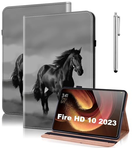 TUOLISG Hülle für Kindle Fire HD 10 & 10 Plus Tablet (13./11. Gen, 2023/2021) 10,1,PU Leder Schützhülle mit Auto Schlaf/Aufwach und Standfunktion für Fire HD 10 /HD 10 Plus 2023/2021-Schwarzes Pferd