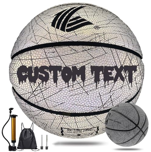 Personalisierter Basketball, personalisierbar mit Ihrem Namen, Text auf Basketball, leuchtet im Dunkeln, Basketball-Geschenk, reflektierender Basketball, Größe 7/6/5, Standard-Übungstraining,