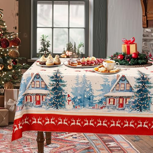 CZL Tischdecke Weihnachten Tischdecke Abwaschbar Weihnachten mit Elch-Motiv Reversible Weihnachts Tischdecke Weihnachtstischdecke Abwaschbar Rote Tischdecke Stoff Christmas Table Cloth-130 x 220CM